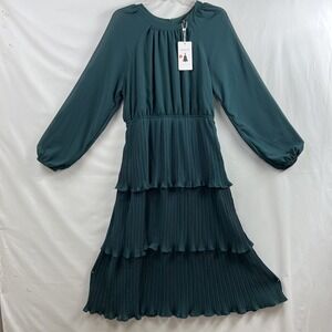 ZESICA Dress Womens M Tiered Chiffon Midi Accordian Ruffled Pleats Fairy Green